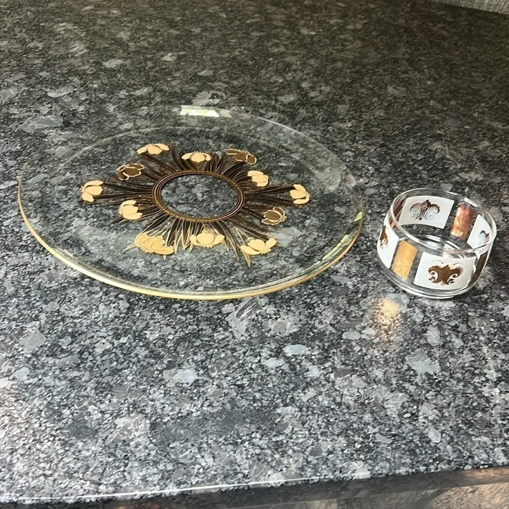 Culver Glass 22K Gold Black 14.5” Platter and Small 4” tall Coordinating Bowl